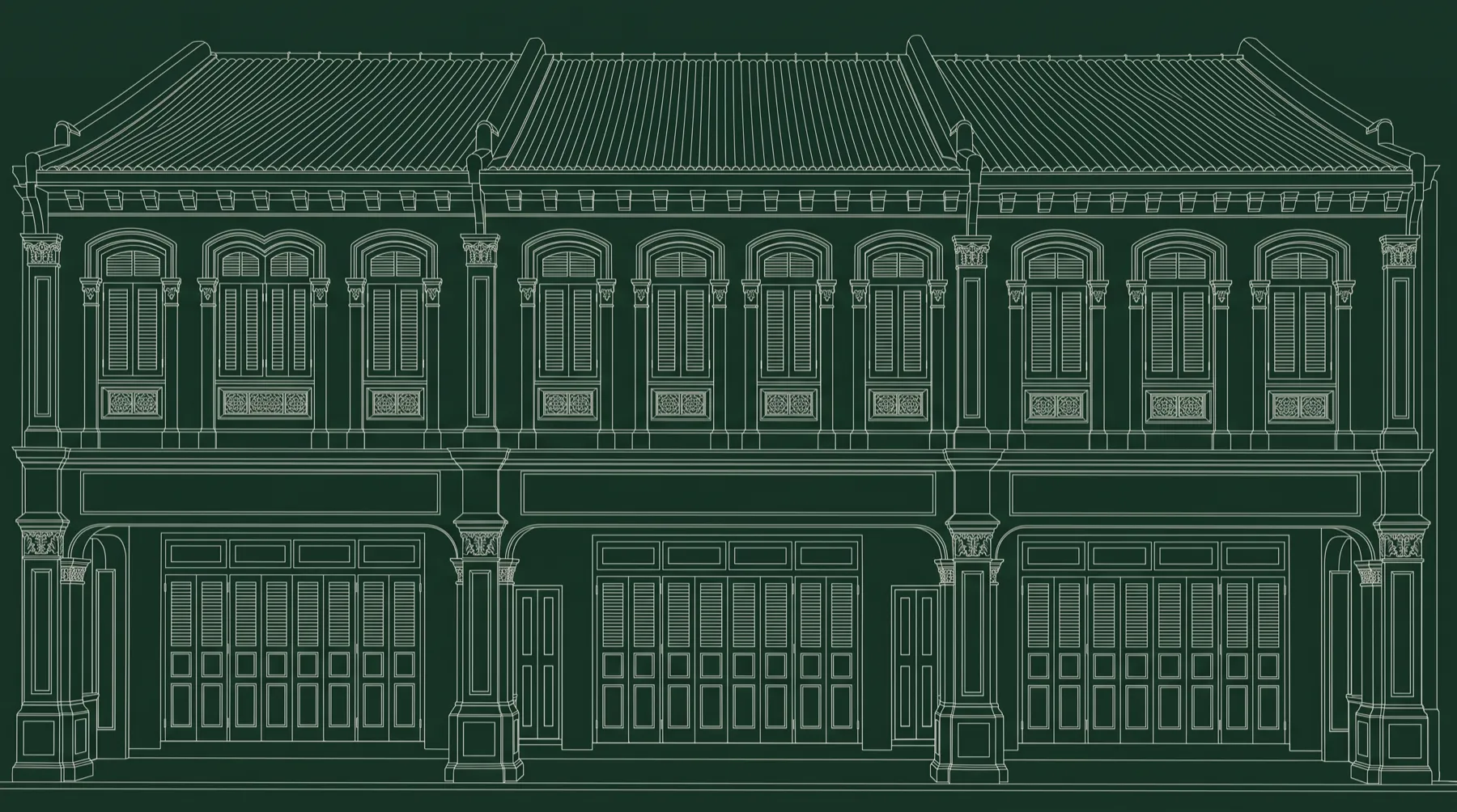 A measured wireframe elevation of a row of three conservation shophouses, drawn as fine hairlines on a dark ground