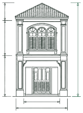 A shophouse elevation with survey dimension lines marking its overall height