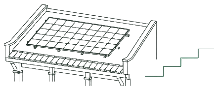 A shophouse roof carrying a photovoltaic array beside an ascending stepped line
